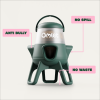 Omlet no waste chicken feeder - 6lb with pink annotations surrounding it with the words anti bully, no spill and no waste.