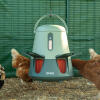 Omlet smart automatic feeder hung up in a run with chickens feeding