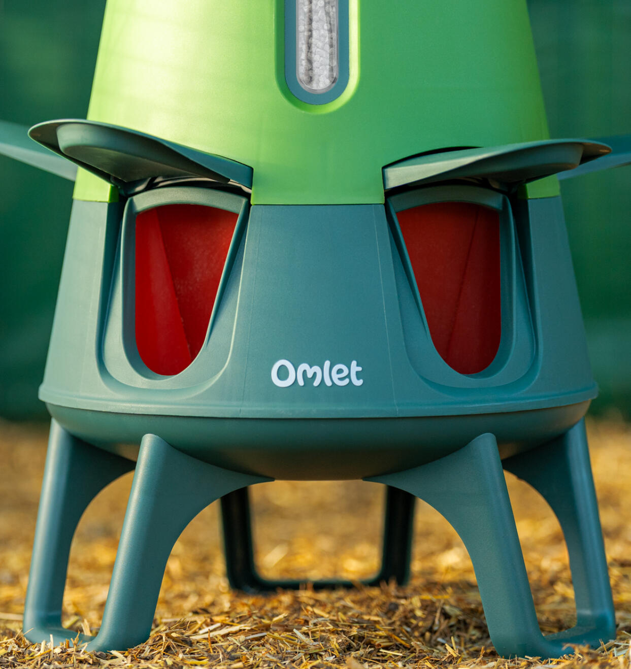 Close up of Omlet smart automatic chicken feeder legs