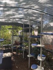 An outdoor cat tree inside a large run