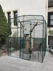 A cat enclosure in a backyard