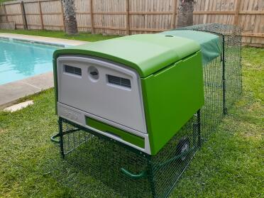 An Eglu chicken house next to a swimming pool.