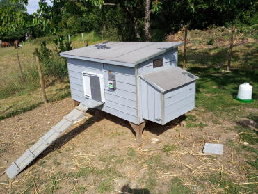 A grey wooden chicken coop wth match automatic door colour.