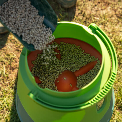 Detail of the smart automatic chicken feeder being filled with pellets