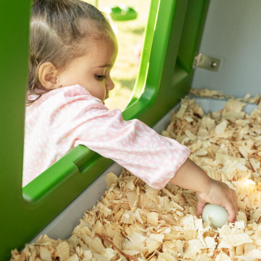 Kleines mädchen greift in einen nistkasten, um ein ei zu holen