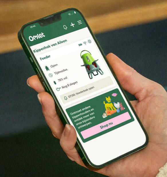 App-scherm dat de status van de smart chicken feeder toont