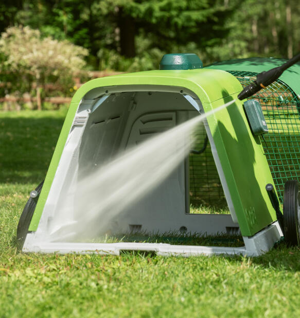 Easy clean Eglu Go chicken coop with a pressure washer