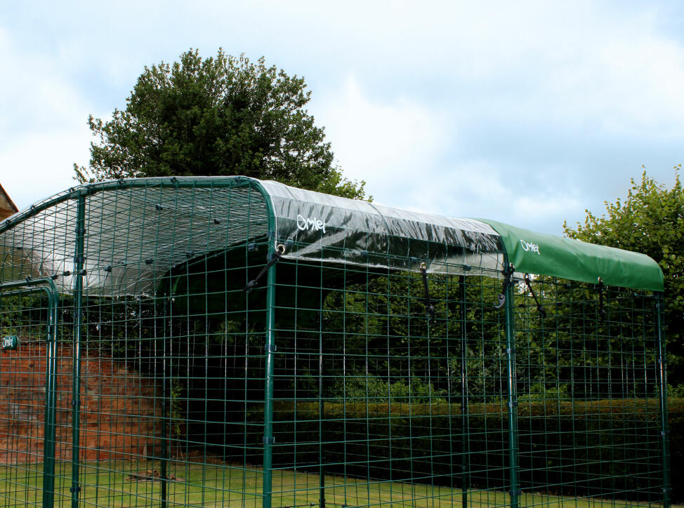 A Clear and Heavy Duty Roof Cover overlapping on the Walk in Run roof
