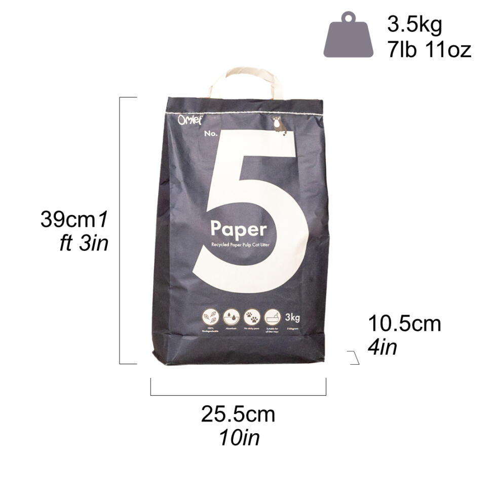Paper cat litter bag showing dimensions