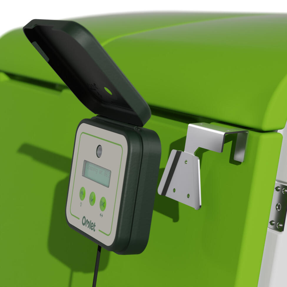 Automatic chicken coop door control panel on Eglu Cube mk2 house