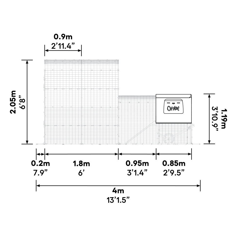 What are the dimensions of the Eglu Cube  mk1 with run connection kit when attached to a 2x2x2 walk in run?