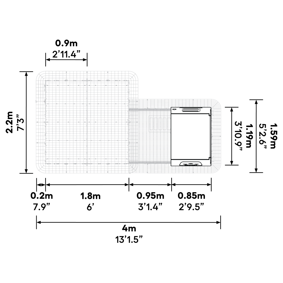 What are the dimensions of the Eglu Cube  mk1 with run connection kit when attached to a 2x2x2 walk in run?
