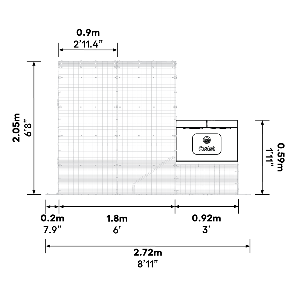 Hvad er målene på Eglu Cube  mk2 connection kit, når det monteres på en 2x2x2 walk in run?
