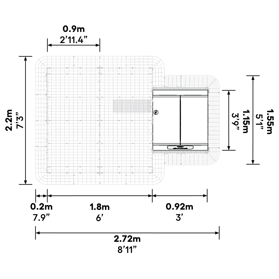 Hvad er målene på Eglu Cube  mk2 connection kit, når det monteres på en 2x2x2 walk in run?