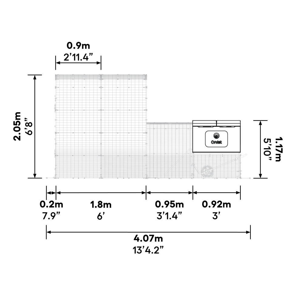 What are the dimensions of the Eglu Cube  mk2 with run connection kit when attached to a 2x2x2 walk in run?