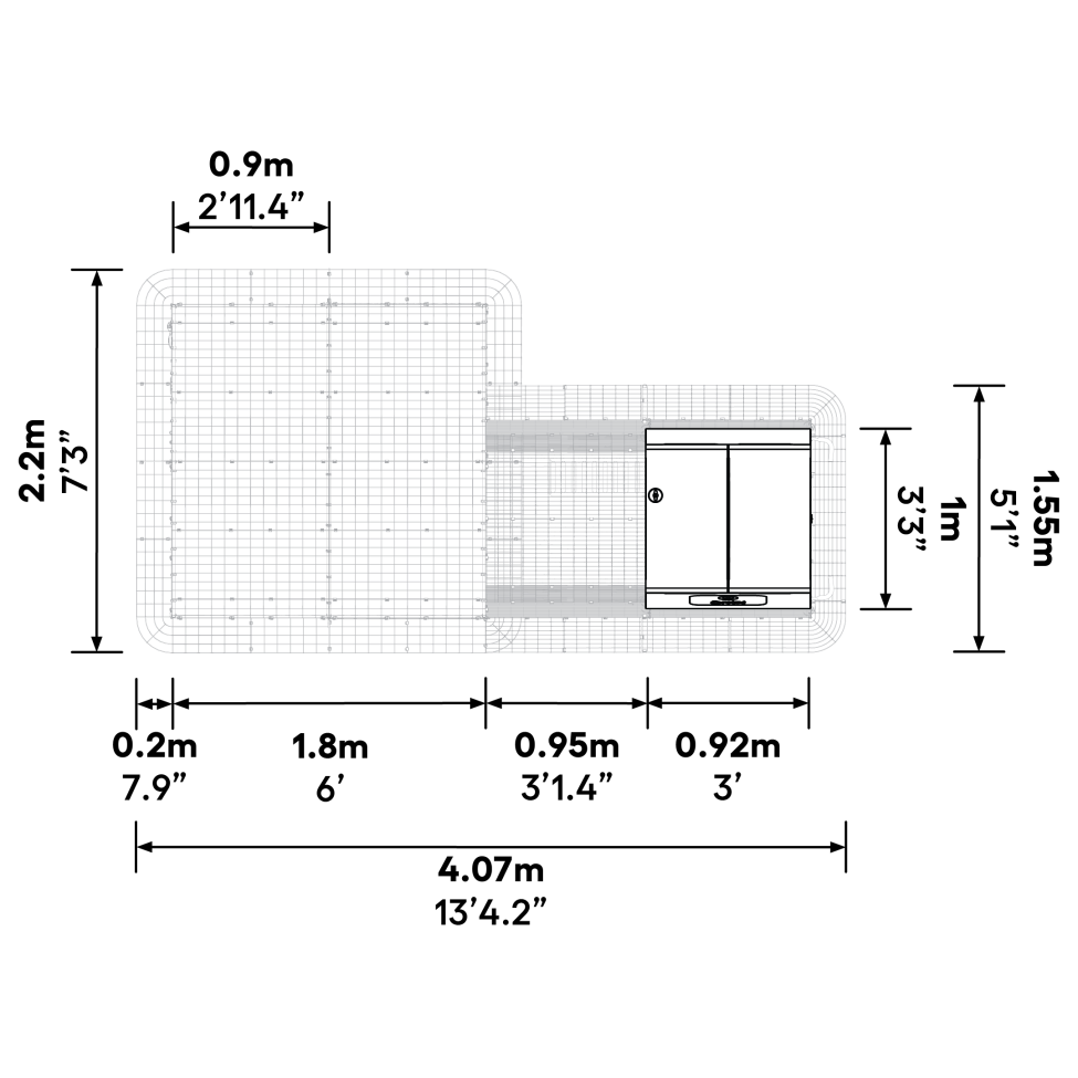 What are the dimensions of the Eglu Cube  mk2 with run connection kit when attached to a 2x2x2 walk in run?