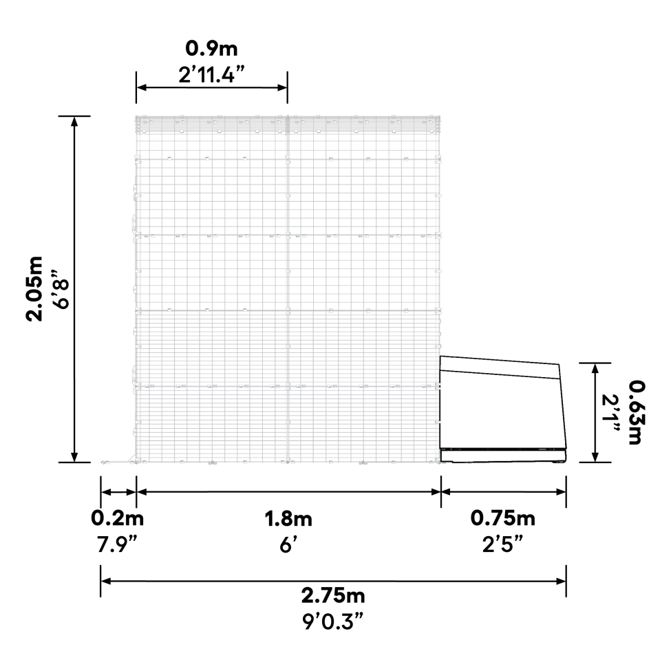 Wat zijn de afmetingen van de Eglu Go  connection kit als deze wordt bevestigd aan een 2x2x2 walk in run?