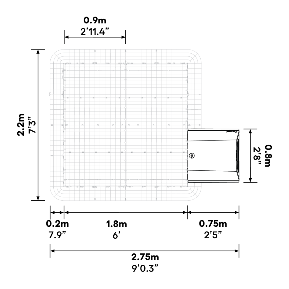 Wat zijn de afmetingen van de Eglu Go  connection kit als deze wordt bevestigd aan een 2x2x2 walk in run?