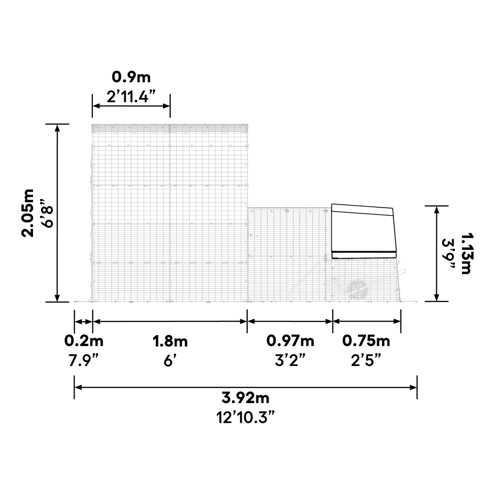 What are the dimensions of the Eglu Go  up with run connection kit when attached to a 2x2x2 walk in run?