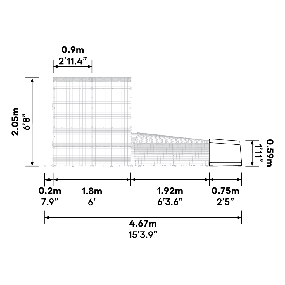What are the dimensions of the Eglu Go  with run connection kit when attached to a 2x2x2 walk in run?