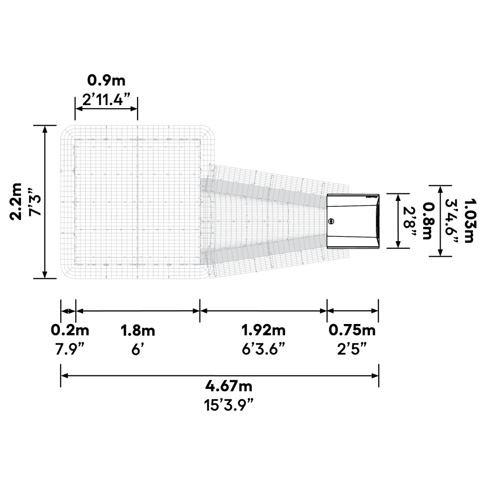 What are the dimensions of the Eglu Go  with run connection kit when attached to a 2x2x2 walk in run?