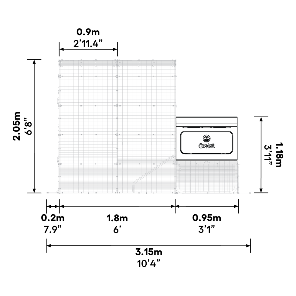 Welche abmessungen hat das Eglu pro connection kit, wenn es an einem 2x2x2 walk in run angebracht ist?