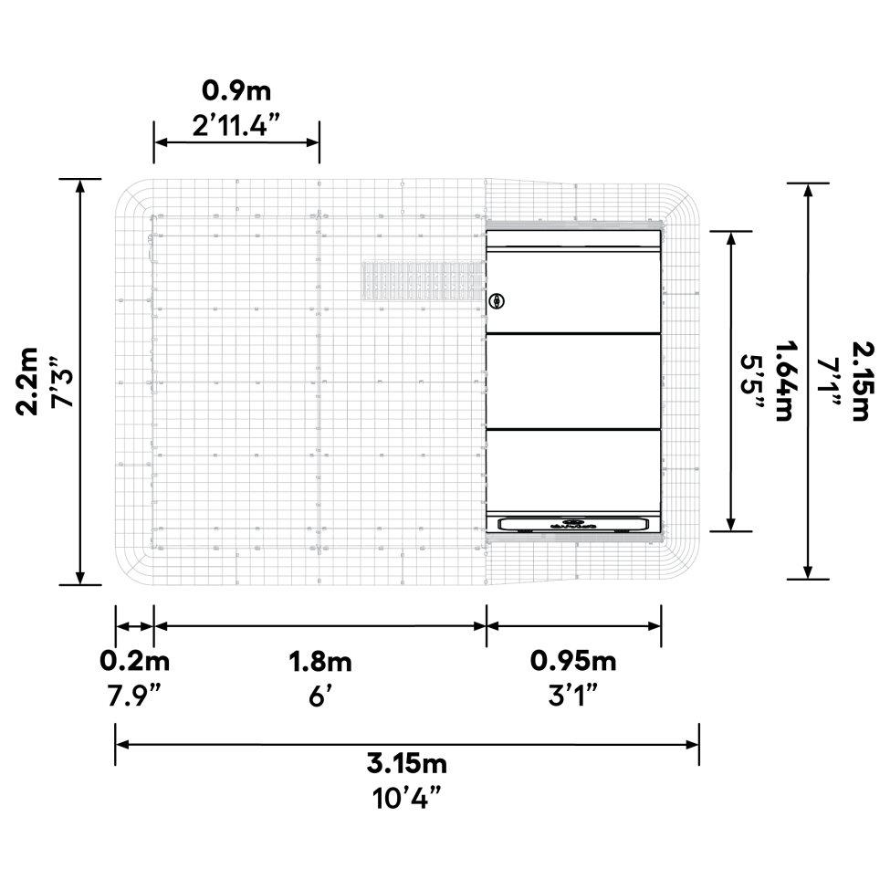 Welche abmessungen hat das Eglu pro connection kit, wenn es an einem 2x2x2 walk in run angebracht ist?