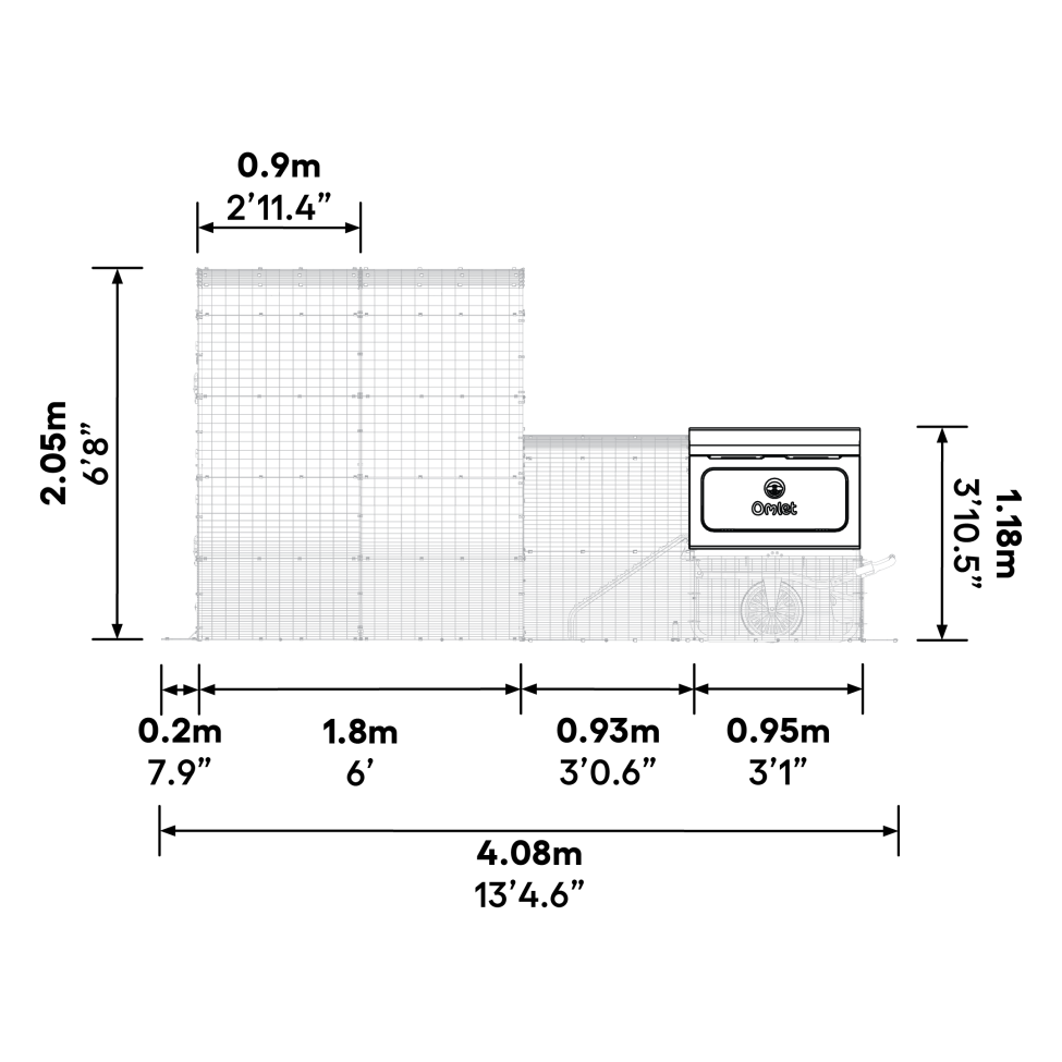 Welche abmessungen hat das Eglu pro with run connection kit, wenn es an einem 2x2x2 walk in run angebracht ist?