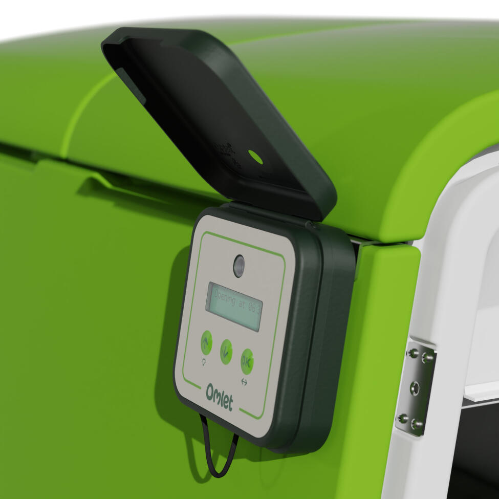 Automatic chicken coop door control panel on Eglu Cube mk2 house