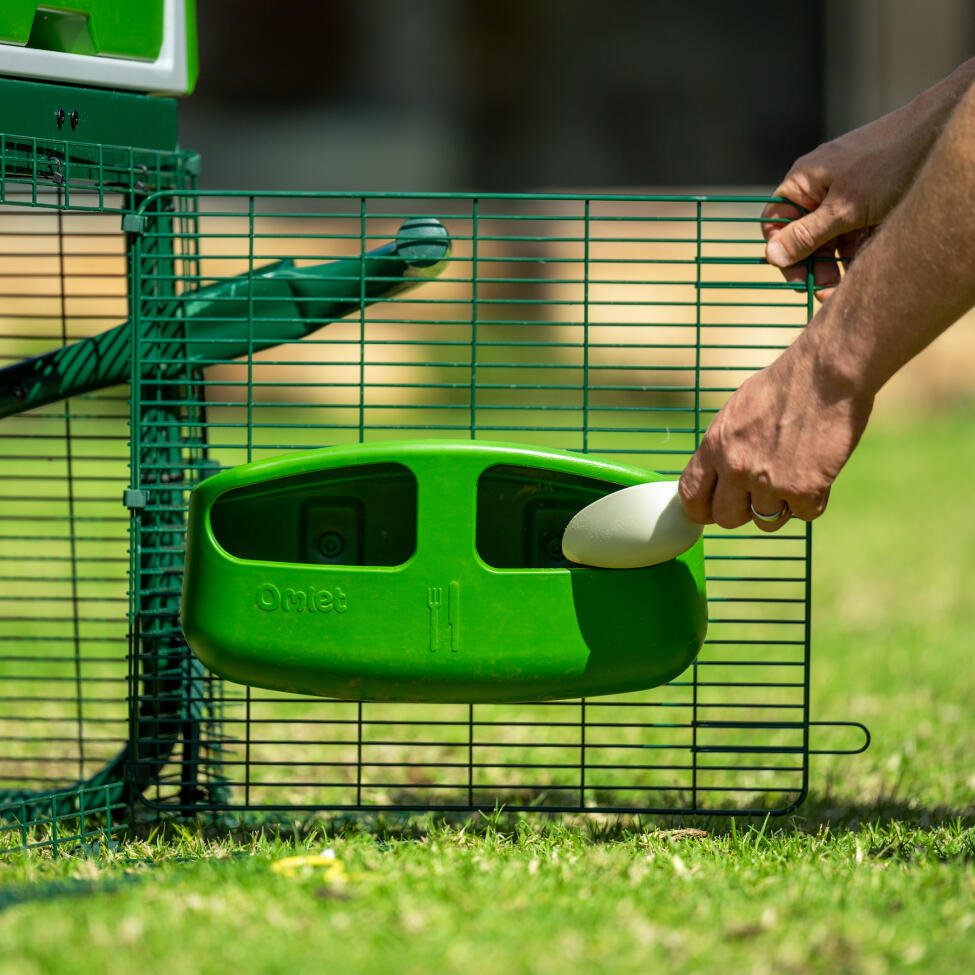 Tilføjelse af foder til Omlet hønsefoderautomat til hønsegårde