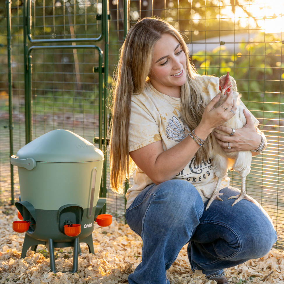 Femme tenant un poulet à côté de l'abreuvoir isolé Omlet 