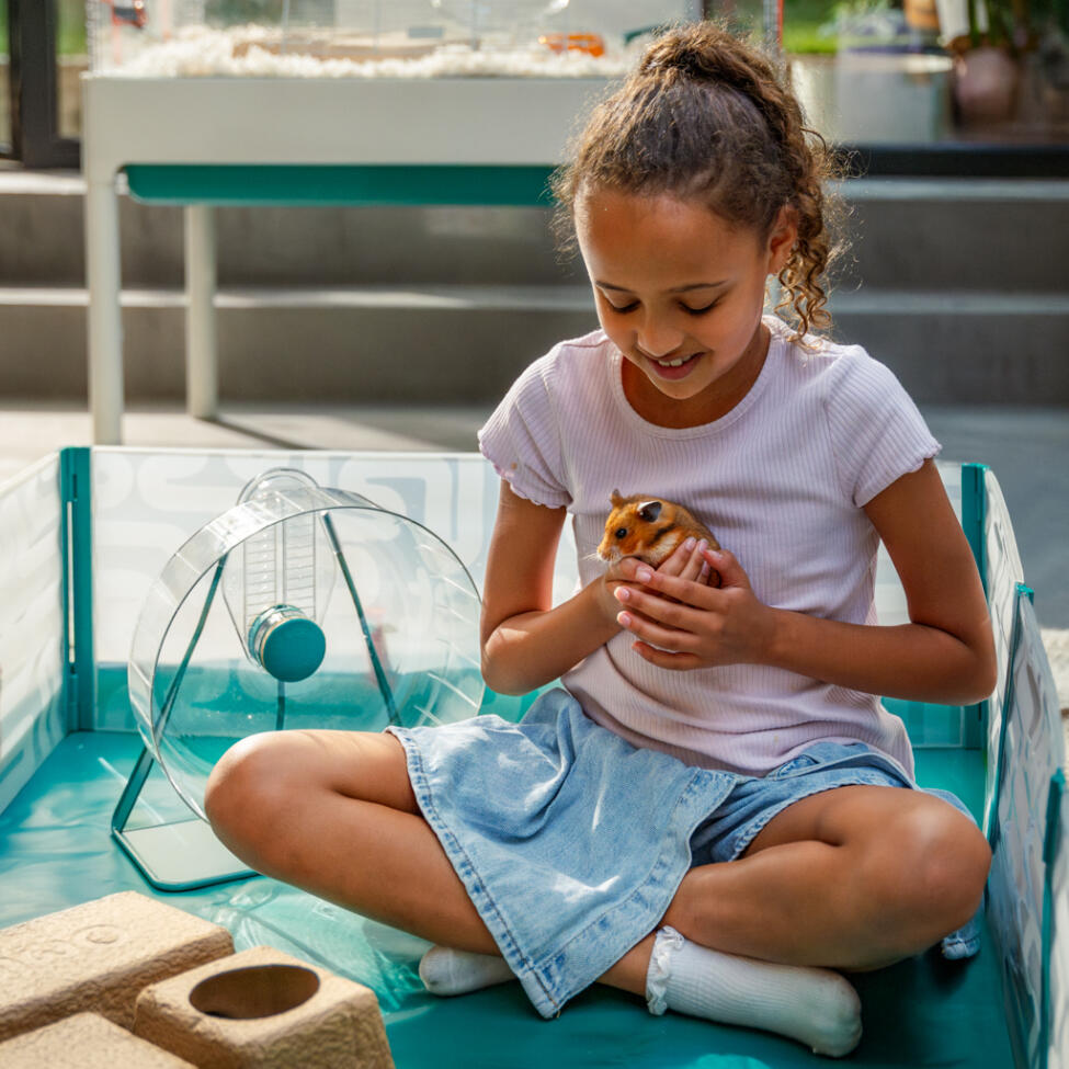 Ein mädchen spielt mit ihrem hamster im laufstall mit verschiedenem zubehör