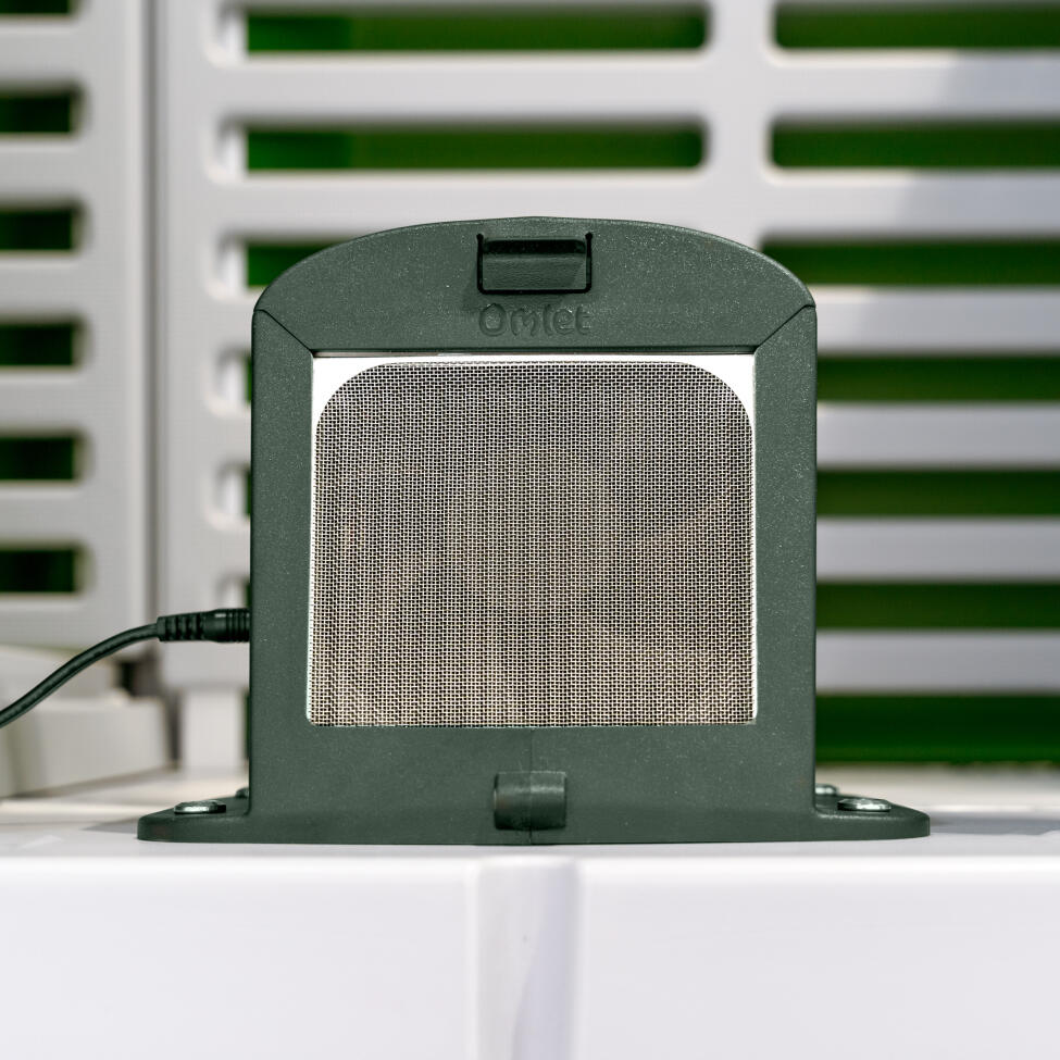 A close up of the filter of the Omlet smart fan