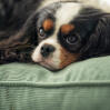 A dog resting on the cushion dog bed.