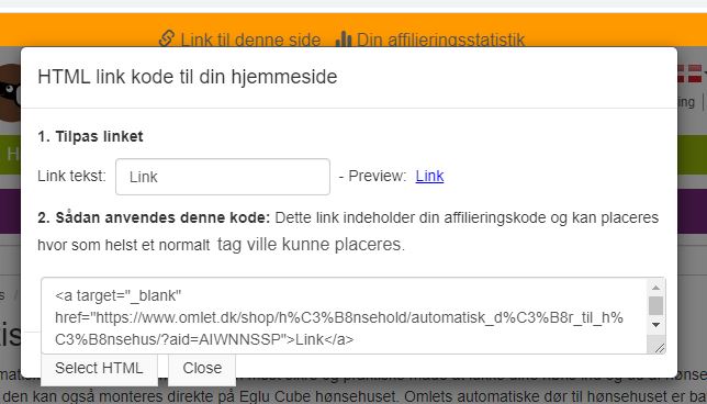 Sæt det genererede link ind på din hjemmeside